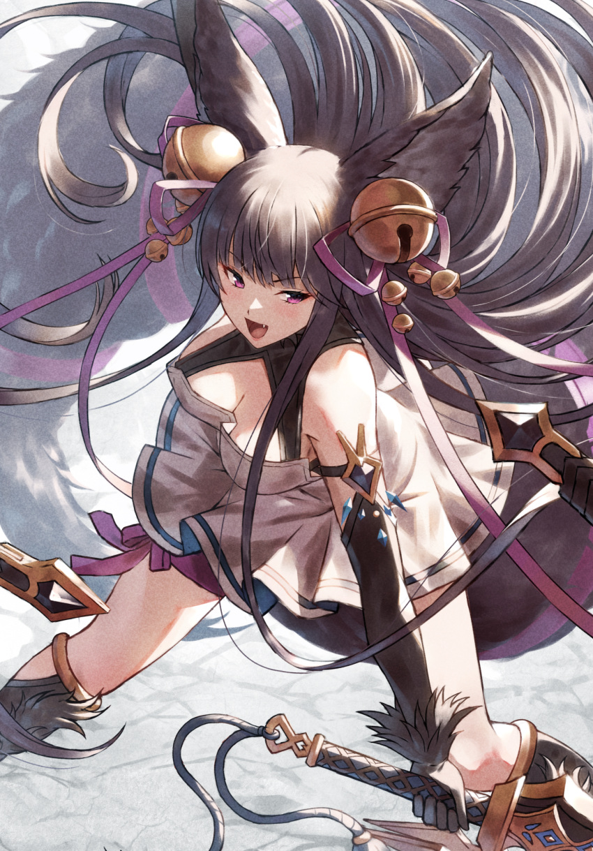 1girl animal_ears bell black_hair breasts cleavage commentary_request dress elbow_gloves erune fagi_(kakikaki) fox_ears fox_tail gloves granblue_fantasy hair_bell hair_ornament highres holding holding_sword holding_weapon jingle_bell large_breasts long_hair partial_commentary purple_eyes solo sword tail very_long_hair weapon yuel_(granblue_fantasy)