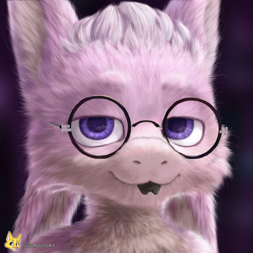 absurd_res anthro avali avian blep eyewear fluffy fur glasses goldapolloart headshot_portrait hi_res kerolink male pink_body pink_fur portrait purple_eyes smile solo tongue tongue_out