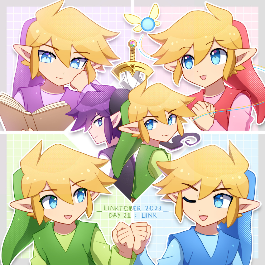 6+boys :d ;d absurdres black_headwear black_tunic blonde_hair blue_background blue_eyes blue_shirt blue_tunic book border clenched_hand commentary dark_link dated english_commentary enni eye_contact fairy fist_bump green_background green_headwear green_shirt green_tunic grey_border hair_between_eyes hand_up hands_up hat head_rest highres holding holding_book link long_sleeves looking_at_another looking_at_viewer looking_back looking_to_the_side male_focus multiple_boys multiple_persona one_eye_closed open_book open_mouth outline outside_border own_hands_together pink_shirt pointy_ears purple_background purple_hair purple_headwear purple_shirt purple_tunic reading red_background red_headwear red_tunic shirt short_hair sidelocks sideways_glance smile sword the_legend_of_zelda the_legend_of_zelda:_four_swords tunic upper_body weapon white_outline