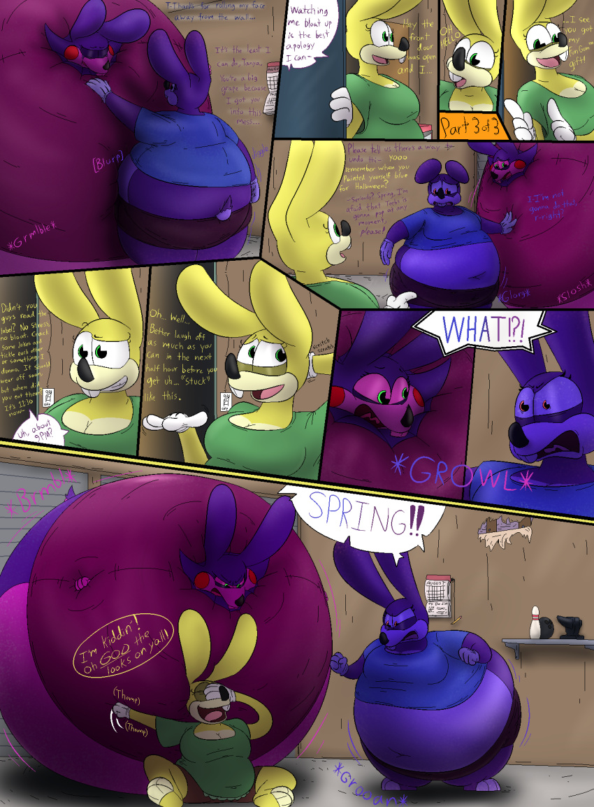 14:19 2019 3_toes 4_fingers anthro belly big_belly biped black_nose blueberry_inflation breasts buckteeth clothing color_coded_text colored comic detailed_background dialogue digital_drawing_(artwork) digital_media_(artwork) english_text feet female female_anthro fingers front_view fur gloves group handwear hi_res hyper hyper_belly inflation inside lagomorph leporid liquid_inflation mammal obese obese_anthro obese_female overweight overweight_anthro overweight_female pie_cut_eyes rabbit rabbit_ears rumbling_stomach shaded slosh sloshing_belly spherical_inflation teeth text thatoneaceguy toes toony trio weight_gain