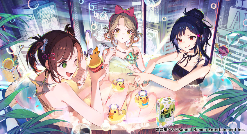 3girls bathing bathtub black_one-piece_swimsuit blonde_hair blue_hair braided_hair_rings brown_hair building commentary_request copyright_name copyright_notice denonbu food green_eyes hair_ornament hairclip hands_up heart heart_hair_ornament hidaka_reina_(denonbu) highres holding holding_spoon ice_cream ice_cream_cup ice_cream_spoon indoors kayano_futaba long_hair multiple_girls nail_polish official_alternate_costume official_alternate_hairstyle official_art one-piece_swimsuit one_eye_closed open_mouth palm_leaf partially_submerged petals ponytail red_eyes rubber_duck second-party_source shinonome_kazune short_hair skyscraper smile soap_bubbles splashing spoon swimsuit teru2307 tongue tongue_out two_side_up white_one-piece_swimsuit wooden_bathtub