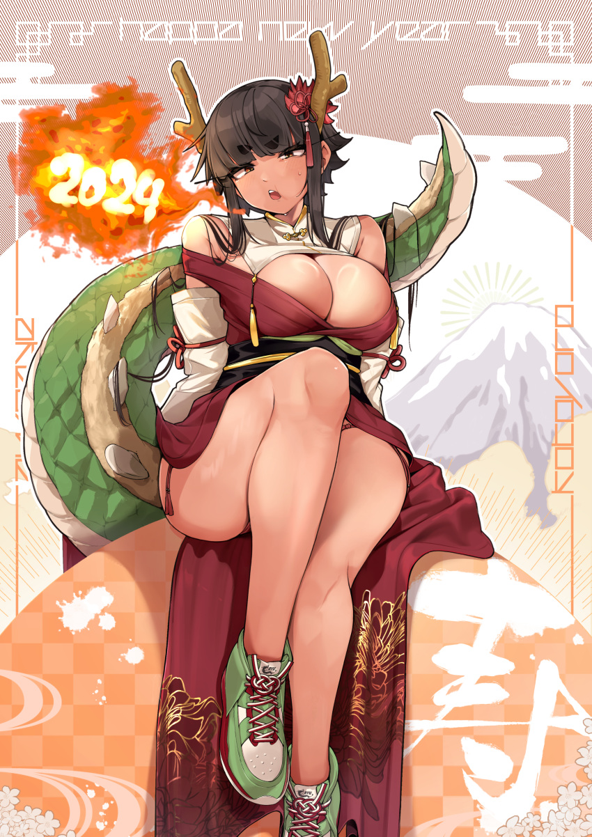 1girl 2024 absurdres antlers black_hair breasts breathing_fire chinese_zodiac cleavage commentary_request dragon_girl dragon_tail dress fire green_footwear hair_ornament highres japanese_clothes jovejun kimono large_breasts legs looking_at_viewer new_year open_mouth original panties panty_peek red_dress red_kimono shoes short_hair sidelocks sitting sneakers solo tail teeth tsubomioka_happa underwear upper_teeth_only year_of_the_dragon