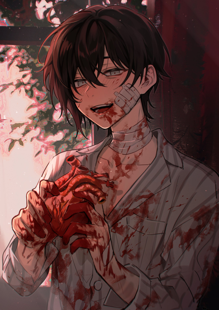 1boy absurdres ahoge asymmetrical_hair bags_under_eyes bandaged_neck bandages black_hair blood blood_on_body blood_on_clothes blood_on_face blood_on_hands blue_eyes buttons character_request collared_shirt copyright_request guro hair_between_eyes heart_(organ) highres holding_organ male_focus nanin open_mouth shirt solo white_shirt window