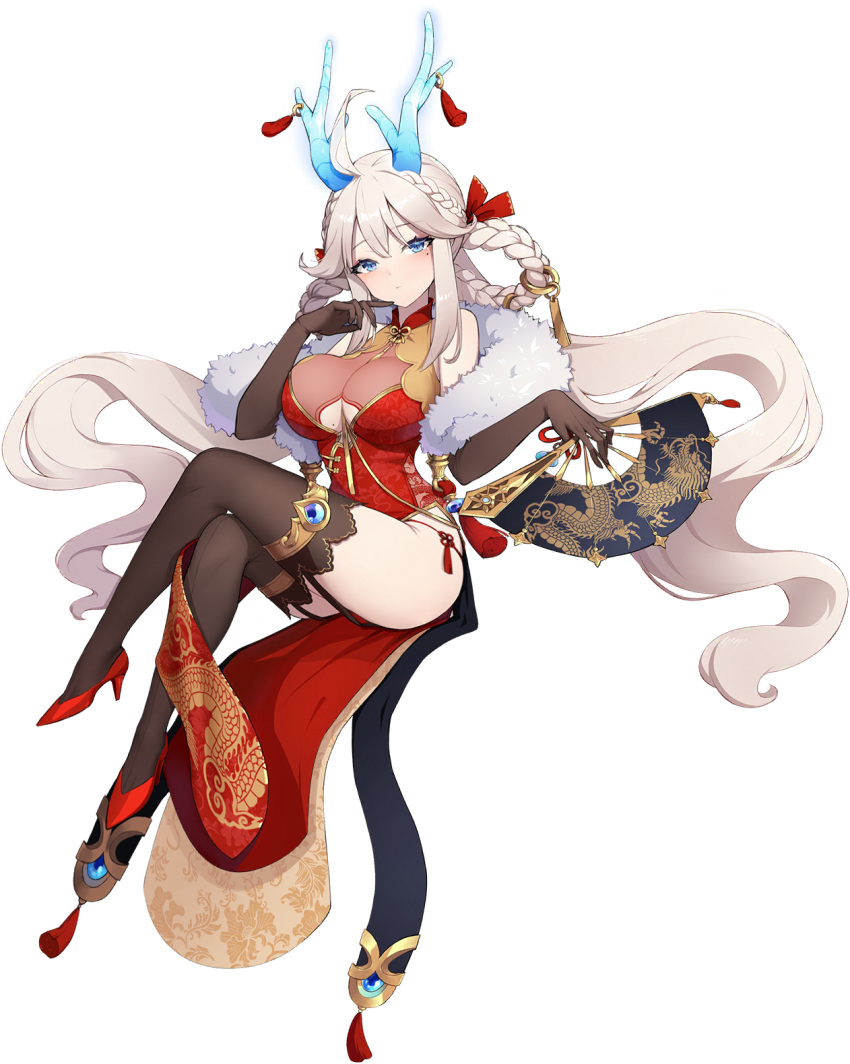 1girl ahoge ankkoyom ass bare_shoulders between_breasts blonde_hair blue_eyes braid braided_hair_rings breasts china_dress chinese_clothes clothing_cutout crossed_legs dragon_horns dress elbow_gloves eversoul full_body gloves hand_fan high_heels highres holding holding_fan honglan_(eversoul) horns large_breasts long_hair mole mole_under_eye official_art panties pelvic_curtain sleeveless sleeveless_dress tachi-e thighhighs thighs transparent_background twintails underboob underboob_cutout underwear very_long_hair