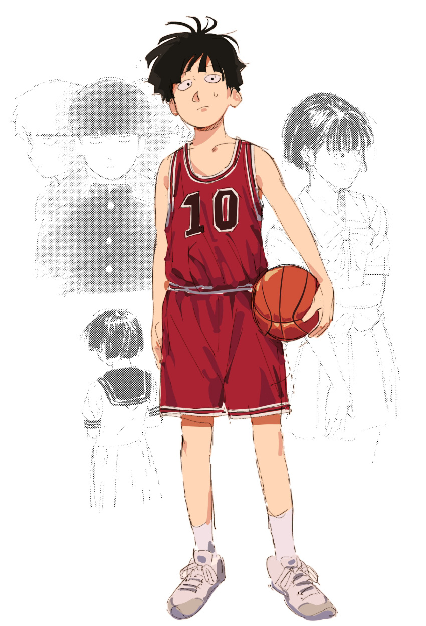 1boy 1girl absurdres alternate_costume ball basketball basketball_(object) basketball_jersey basketball_uniform black_hair ch0og0o closed_mouth commentary english_commentary full_body highres holding holding_ball kageyama_shigeo mob_psycho_100 red_shorts red_tank_top shoes short_hair shorts simple_background slam_dunk_(series) sneakers sportswear standing tank_top white_background white_footwear