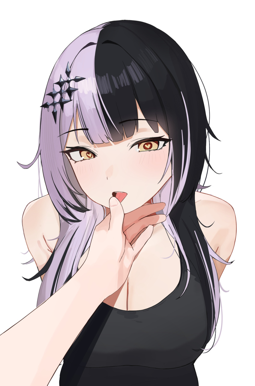 1girl alternate_costume arms_behind_back bare_shoulders black_hair black_tank_top breasts cleavage hair_intakes hand_on_another's_mouth heart heart-shaped_pupils highres hololive hololive_english ku_roiko large_breasts looking_at_viewer medium_hair multicolored_hair open_mouth pov pov_hands shiori_novella simple_background solo split-color_hair symbol-shaped_pupils tank_top upper_body white_background white_hair yellow_eyes