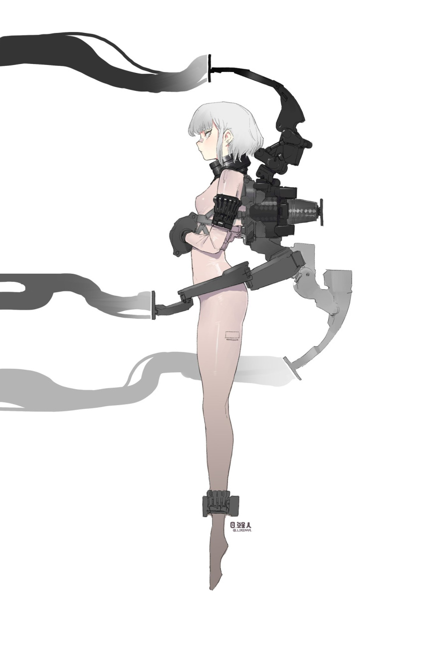 1girl android ankle_cuffs bandaid bandaid_on_face bandaid_on_nose bodysuit breasts closed_mouth cuffs ear_piercing from_side full_body grey_hair highres liren44 looking_ahead machine mechanical_parts metal original piercing profile science_fiction short_hair simple_background skin_tight small_breasts solo twitter_username white_background white_eyes