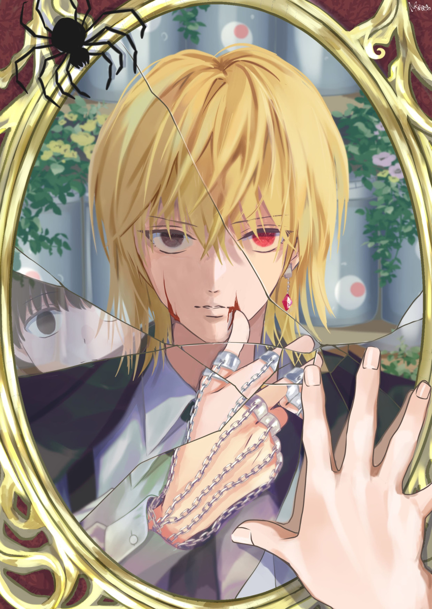 1boy absurdres against_glass black_jacket black_necktie blonde_hair blood blood_on_face broken_mirror brown_eyes bug chain collared_shirt crack cracked_glass earrings eyeball fingernails frown gem hair_between_eyes heterochromia highres hunter_x_hunter jacket jewelry kurapika liquid long_sleeves looking_at_viewer male_focus minato_x3710 mirror multiple_rings necktie pairo pov pov_hands red_eyes red_gemstone ring shirt short_hair signature single_earring solo spider split_theme suit tube upper_body white_shirt wiping_blood