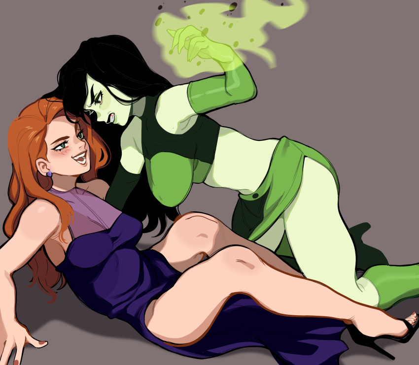 2girls :d absurdres bare_shoulders black_footwear black_hair breasts clenched_teeth earrings elbow_gloves eye_contact gloves green_eyes green_gloves high_heels highres jewelry kim_possible kim_possible_(series) large_breasts long_hair looking_at_another multiple_girls orange_hair porqueloin shego shiny_skin sitting smile stomach teeth