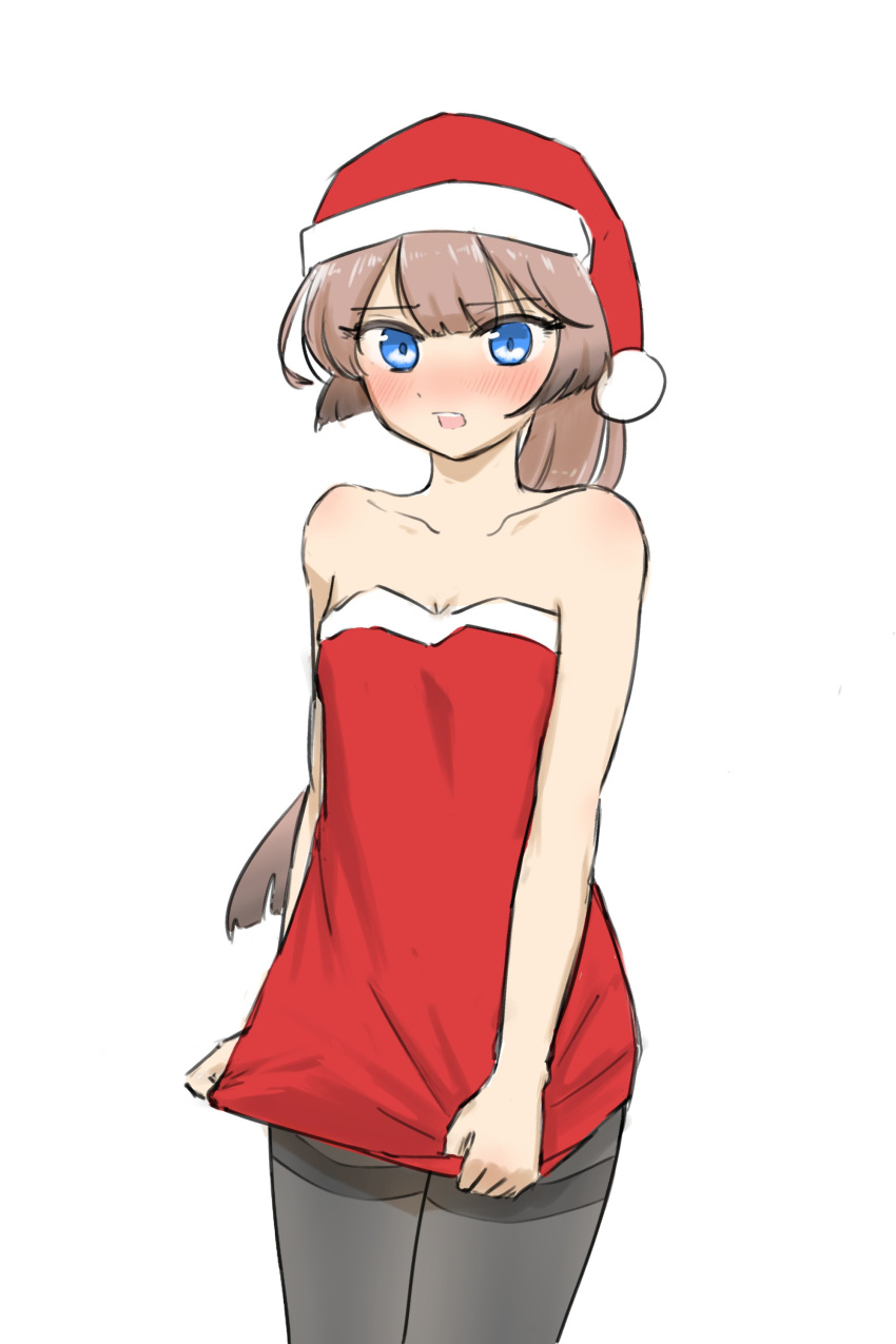 absurdres alternate_costume bare_shoulders black_thighhighs blue_eyes brown_hair collarbone dress fur-trimmed_dress fur-trimmed_headwear fur_trim gradient_hair hat highres kantai_collection kazagumo_(kancolle) long_hair multicolored_hair pantyhose ponytail red_dress red_headwear santa_hat simple_background strapless strapless_dress thighband_pantyhose thighhighs tsuru_(thunder_tsuru) white_background