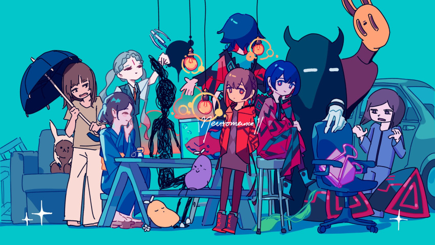 2others 6+girls :&gt; animal_ears arm_on_thigh bar_stool binder_clip blue_eyes blue_hair blue_kimono blue_skirt blue_vest blunt_ends bob_cut boots braid braided_bangs brown_hair brown_shirt car chair colored_inner_hair colored_tips commentary_request couch creature crossed_legs disembodied_limb dress facing_away fagun_yibei fish fish_tank geta green_background grey_hair hair_bun half-closed_eyes hand_on_own_chin hand_to_own_mouth hands_in_pockets hanging_light hastur_(kamitsubaki_studio) highres holding holding_umbrella hood hood_down jacket japanese_clothes kamitsubaki_studio kimono light_bulb long_hair long_skirt long_sleeves medium_hair motor_vehicle multicolored_clothes multicolored_eyes multicolored_hair multicolored_skirt multiple_girls multiple_others multiple_persona office_chair open_clothes open_jacket outstretched_arms picnic_table plant purple_dress purple_hair rabbit_ears red_eyes red_hair red_jacket red_skirt rim_(kamitsubaki_studio) samishii_hito_(song) shirt short_dress short_hair short_sleeves side_braid simple_background single_hair_bun sitting skirt smile songover sparkle spread_arms standing stool swept_bangs swivel_chair table turtleneck twintails umbrella vest vines virtual_youtuber wide_shot wide_sleeves yellow_pupils