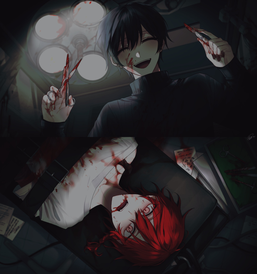 2boys black_hair black_sweater blood blood_on_clothes blood_on_face closed_eyes frown haebu highres holding holding_knife holding_scalpel holding_scissors knife lying maeno_aki male_focus multiple_boys on_back open_mouth paper red_eyes red_hair scissors short_hair smile spoilers sweater torture tsugino_haru turtleneck zeno_(game)