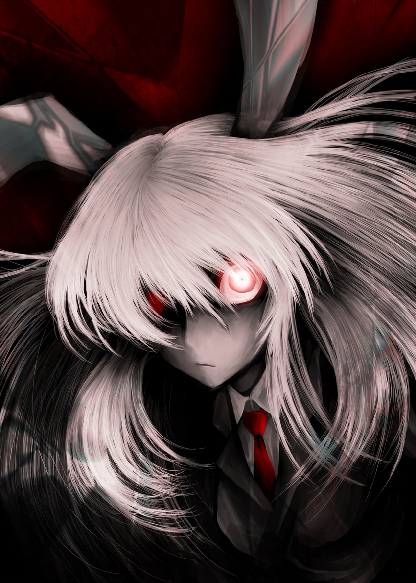 am24 animal_ears bunny_ears formal glowing glowing_eyes hair_over_eyes highres long_hair necktie red_eyes reisen_udongein_inaba solo suit touhou white_hair