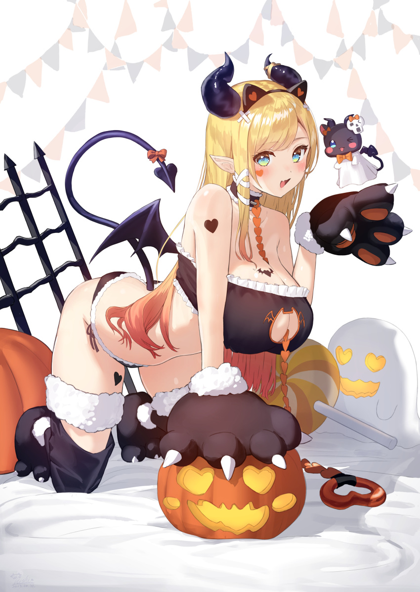 1girl absurdres alternate_costume animal_ears animal_hands bare_shoulders between_breasts black_choker black_panties black_tube_top black_wings blonde_hair breast_tattoo breasts cat_ears choker cleavage cleavage_cutout clothing_cutout commentary_request demon_girl demon_horns demon_tail demon_wings fake_animal_ears fang frilled_choker frilled_tube_top frills fur-trimmed_legwear fur-trimmed_panties fur_trim gloves gradient_hair halloween hand_up heart_sticker highres hololive horns large_breasts multicolored_hair nanaushi open_mouth panties parted_bangs paw_gloves paw_pose paw_shoes red_hair side-tie_panties skin_fang smile solo sticker_on_face strapless tail tattoo tube_top underwear virtual_youtuber wings yuzuki_choco