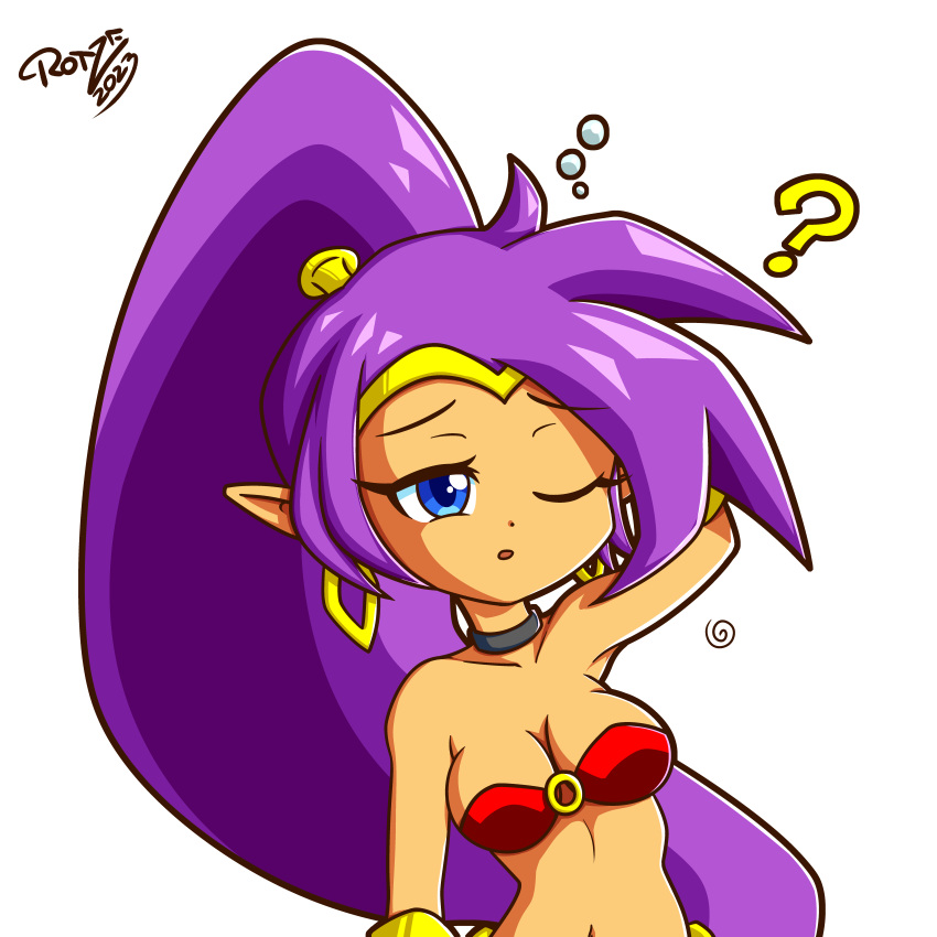2023 absurd_res blue_eyes breasts cleavage clothed clothing ear_piercing ear_ring female genie hair hi_res humanoid humanoid_pointy_ears long_hair not_furry open_mouth piercing ponytail purple_hair ring_piercing rotzedust shantae shantae_(series) signature simple_background solo tan_body tan_skin wayforward