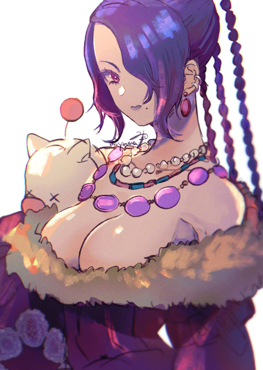 1girl artist_name black_hair braid breasts cleavage closed_mouth coat commentary_request eyelashes final_fantasy final_fantasy_x fur-trimmed_coat fur_trim hair_over_one_eye highres jewelry large_breasts long_hair looking_at_viewer lulu_(ff10) miyama_(lacrima01) mole mole_under_mouth moogle multiple_braids multiple_necklaces necklace purple_lips red_eyes signature simple_background solo stuffed_toy upper_body white_background