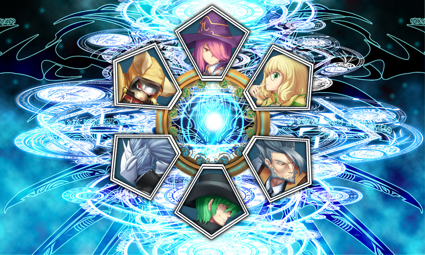 2girls animal_hood bad_id bad_pixiv_id beard blazblue blazblue_phase_0 blonde_hair cat_hood character_select crest facial_hair fake_screenshot fighting_game finger_to_mouth green_hair hakumen hat hazama hood jubei_(blazblue) konoe_a_mercury mask multiple_boys multiple_girls pink_hair ponytail sword trinity_glassfield tsukikanade valkenhayn_r_hellsing weapon witch_hat