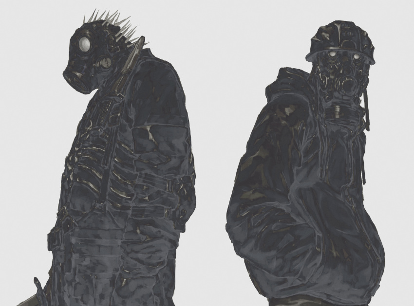 2boys absurdres aikawa_(dorohedoro) backwards_hat black_theme caiman_(dorohedoro) chenrong96 cowboy_shot dorohedoro facing_down gas_mask hands_in_pockets hat highres hood hoodie looking_at_viewer male_focus mask multiple_boys spikes white_background