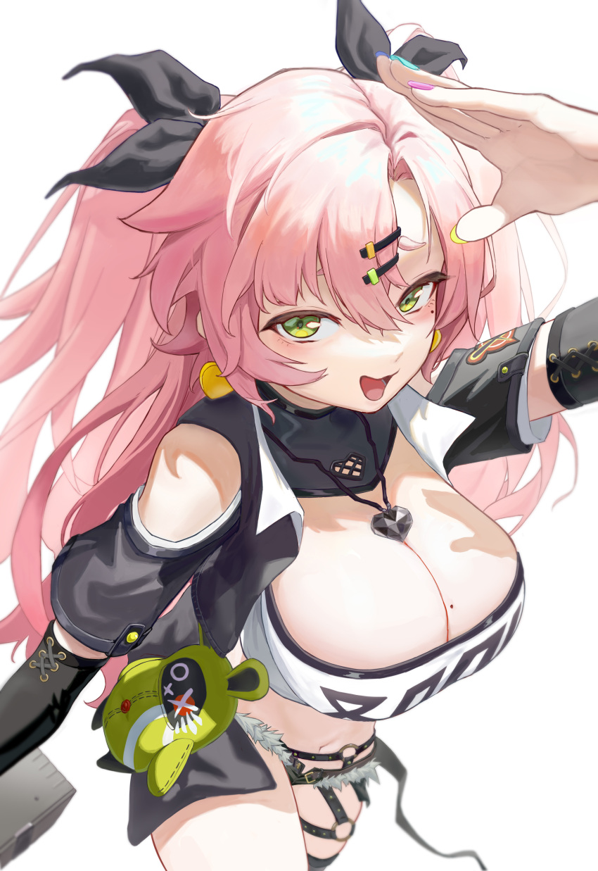 1girl absurdres bangboo_(zenless_zone_zero) bare_shoulders black_ribbon black_shorts breast_focus breasts cleavage crop_top cutoffs from_above green_eyes hair_ornament hair_ribbon hairclip highres large_breasts long_hair looking_at_viewer looking_up midriff miso_jelly mole mole_on_breast navel nicole_demara open_mouth pink_hair ribbon shorts simple_background smile solo strapless tube_top two_side_up white_background zenless_zone_zero