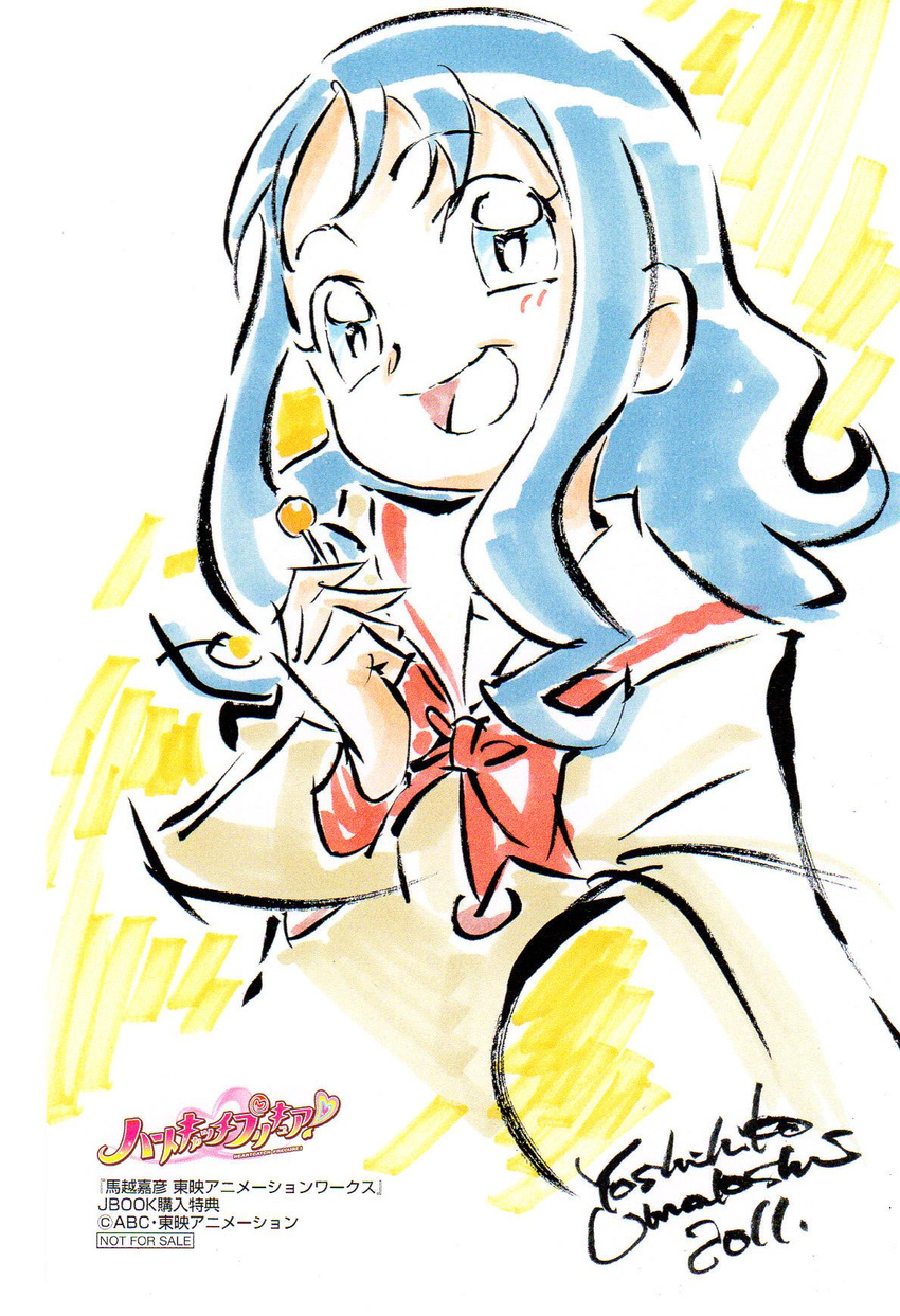 2011 :d artist_name blue_eyes blue_hair candy dated food heartcatch_precure! highres kurumi_erika lollipop long_hair looking_at_viewer marker_(medium) myoudou_gakuen_middle_school_uniform official_art open_mouth precure signature simple_background smile solo traditional_media umakoshi_yoshihiko
