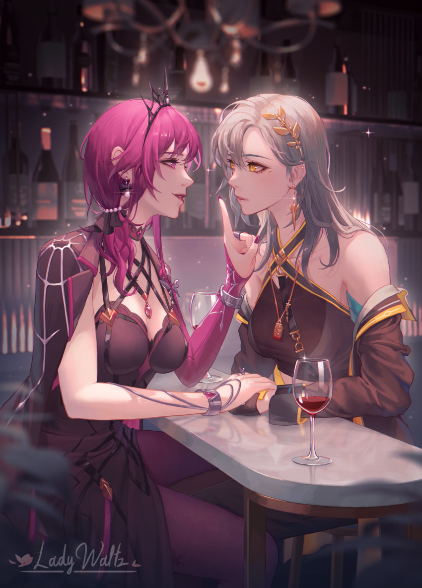 2girls alcohol blush bottle breasts cup drinking_glass earrings gloves grey_hair hand_on_another's_hand highres honkai:_star_rail honkai_(series) jewelry kafka_(honkai:_star_rail) ladywaltz long_hair multiple_girls parted_lips purple_eyes purple_hair sitting stelle_(honkai:_star_rail) trailblazer_(honkai:_star_rail) wine wine_bottle wine_glass yellow_eyes yuri