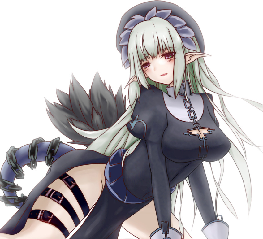 bad_id bad_pixiv_id belt blush breasts chain cleavage cleavage_cutout dark_priest demon_girl demon_tail dress feathers hat large_breasts long_hair monster_girl monster_girl_encyclopedia nun pointy_ears purple_eyes silver_hair smile sud_(sudea) tail