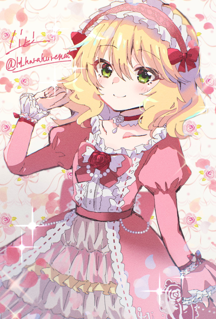 1girl blonde_hair blush bow choker collarbone commentary dress flat_chest floral_background floral_print flower frilled_dress frilled_hairband frilled_sleeves frills green_eyes h_karakurenai hair_between_eyes hair_bow hairband hand_up highres idolmaster idolmaster_cinderella_girls juliet_sleeves long_sleeves looking_at_viewer medium_hair petals pink_background pink_bow pink_dress pink_hairband puffy_sleeves red_bow red_choker red_flower red_rose rose rose_print sakurai_momoka sidelocks signature smile solo sparkle twitter_username wavy_hair