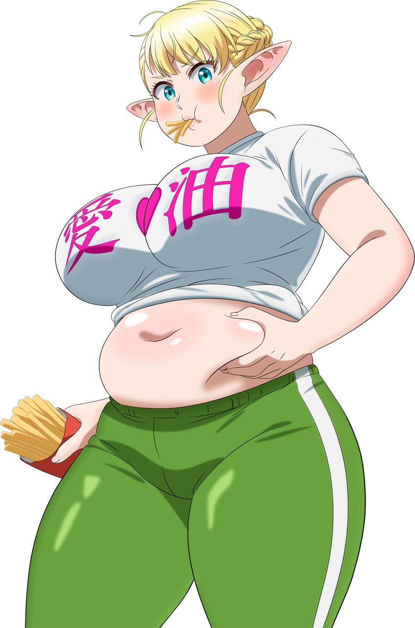 belly blonde_hair blue_eyes blush breasts elf elf-san_wa_yaserarenai. erufuda-san food french_fries highres holding_stomach large_breasts long_pointy_ears looking_at_viewer official_art plump pointy_ears thick_thighs thighs
