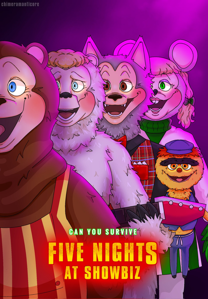 animatronic anthro beach_bear bear billy_bob_brockali brown_bear brown_body brown_fur canid canine canis chimeramanticor clothed clothing creative_engineering_incorporated crossover digital_media_(artwork) earl_schmerle english_text female five_nights_at_freddy's fur glowing glowing_eyes grizzly_bear group hi_res light lighting machine male mammal mitzi_mozzarella mouse murid murine overweight overweight_anthro overweight_male parody polar_bear purple_lighting robot rodent rolfe_dewolfe scottgames showbiz_pizza_place simple_background solo text the_rock-afire_explosion ursine wolf