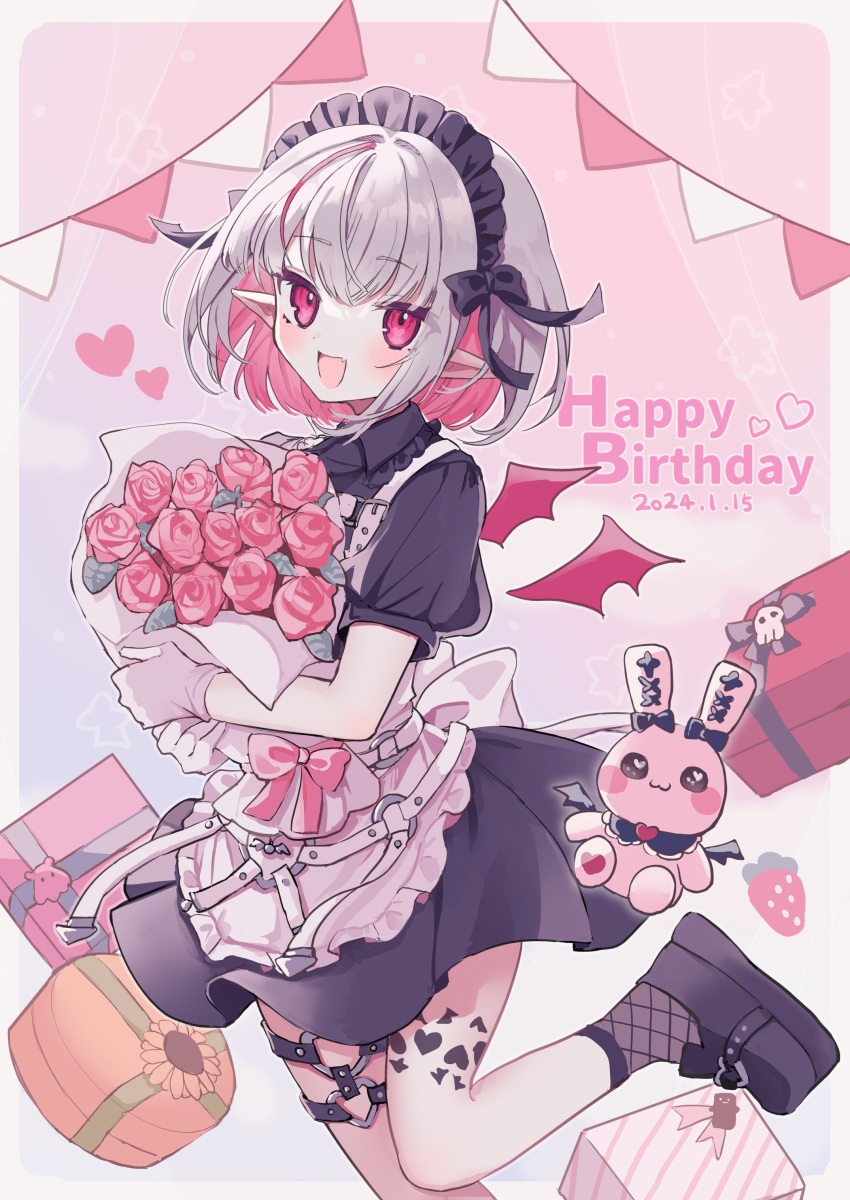 1girl absurdres apron black_dress black_footwear black_headdress blush boots bouquet dated detached_wings dress fishnet_socks fishnets flower gloves grey_hair happy_birthday heart heart_tattoo highres holding holding_bouquet karunabaru leg_tattoo looking_at_viewer maid_headdress makaino_ririmu makaino_ririmu_(5th_costume) mini_wings multicolored_hair nijisanji open_mouth pink_eyes pink_flower pink_hair pink_rose platform_boots platform_footwear pointy_ears rose short_dress short_hair smile socks solo streaked_hair tattoo thigh_strap two-tone_hair virtual_youtuber white_apron wings