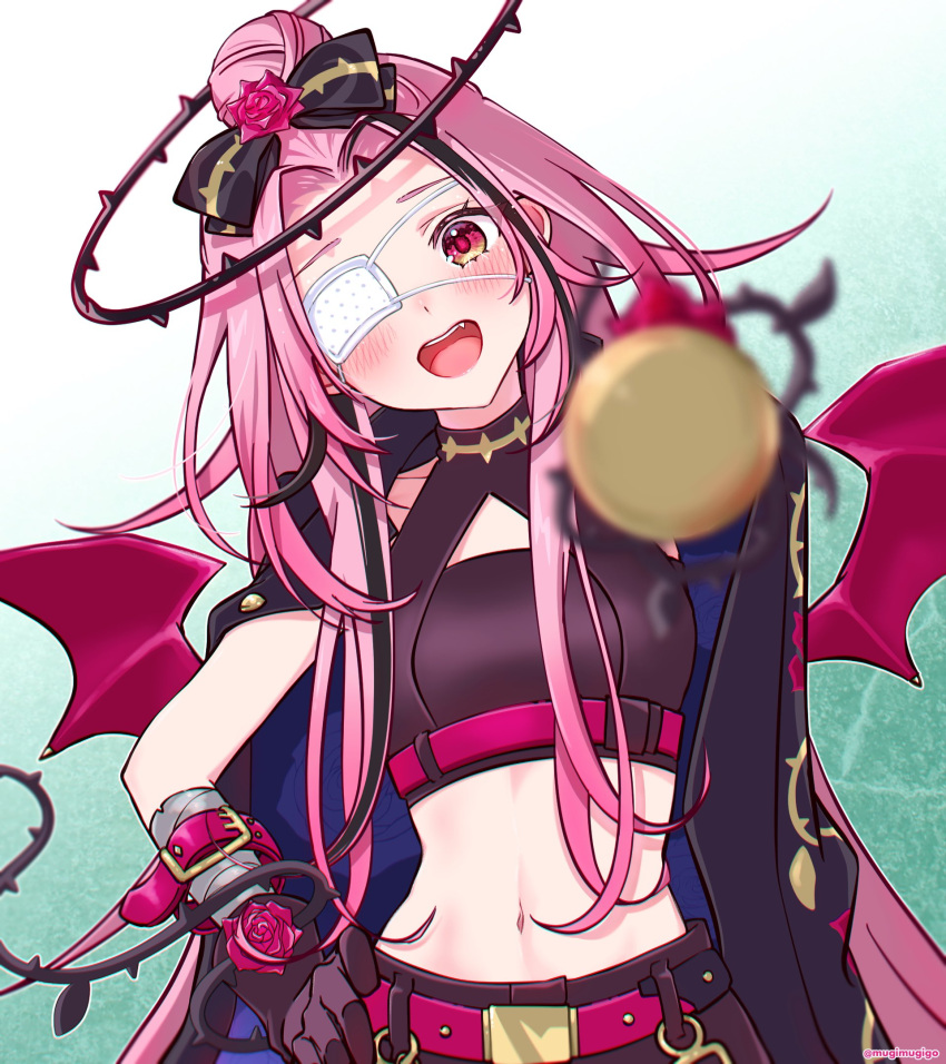 1girl belt black_gloves black_halo crop_top demon_wings eyepatch flower gloves hair_bun halo hand_on_own_hip highres long_hair medical_eyepatch mugimugigo nijisanji nijisanji_en open_mouth pink_belt pink_eyes pink_flower pink_rose pink_wings red_eyes rose rosemi_lovelock rosemi_lovelock_(4th_costume) smile solo very_long_hair virtual_youtuber wings