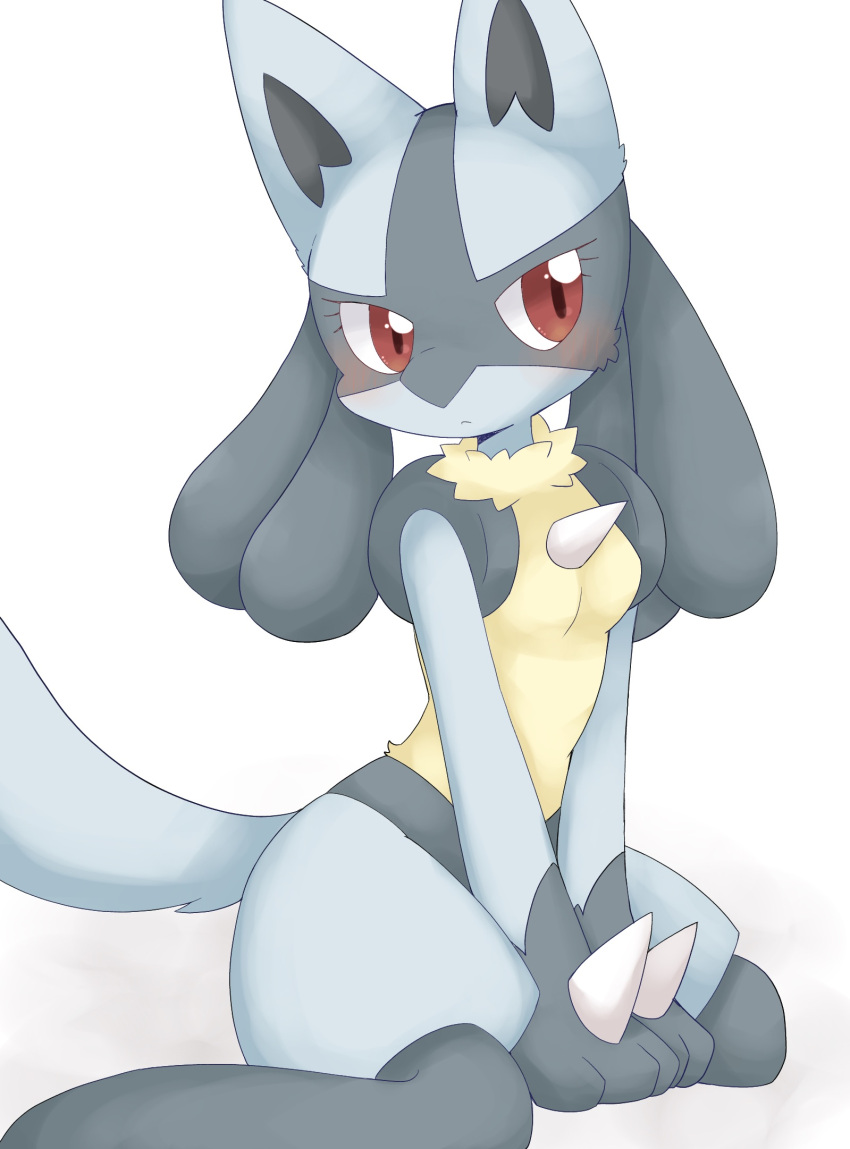 :&lt; anthro blush breasts chest_spike eyelashes featureless_breasts female generation_4_pokemon hands_between_legs hi_res kemono kuzuyu looking_away lucario neck_tuft nintendo pokemon pokemon_(species) red_eyes simple_background sitting small_breasts solo spikes spikes_(anatomy) tuft wariza white_background