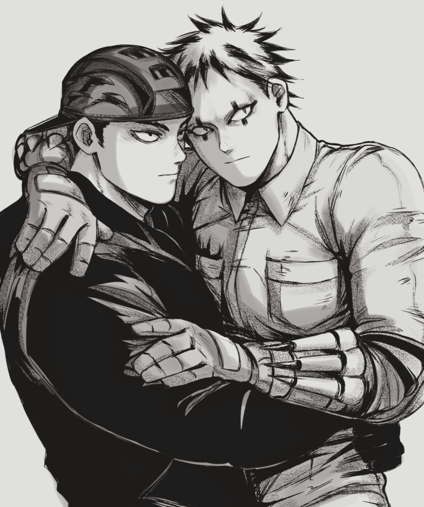 2boys absurdres aikawa_(dorohedoro) arm_hug backwards_hat bara closed_eyes collared_shirt dorohedoro facial_mark florbetriz gloves greyscale hand_on_another's_shoulder hand_on_another's_waist hat highres hug looking_to_the_side male_focus monochrome multicolored_hair multiple_boys muscular muscular_male mutual_hug pectoral_docking pectoral_press risu_(dorohedoro) shirt short_hair sideburns simple_background upper_body waist_hug yaoi