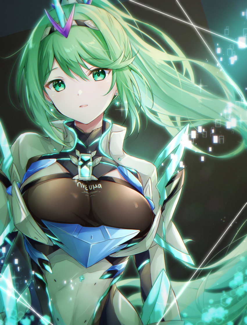 1girl armor breasts chest_jewel cleavage core_crystal_(xenoblade) dangle_earrings drop_earrings earrings gem greek_text green_eyes green_hair hair_ornament headpiece highres jewelry large_breasts long_hair looking_at_viewer neon_trim pneuma_(xenoblade) ponytail solo swept_bangs tiara ui_frara very_long_hair xenoblade_chronicles_(series) xenoblade_chronicles_2