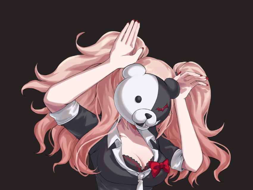 1girl arms_up black_background black_bra black_shirt blonde_hair bow bra breasts cleavage collarbone danganronpa:_trigger_happy_havoc danganronpa_(series) enoshima_junko grey_necktie highres hy_(fjvlg) large_breasts mask monokuma nail_polish necktie red_bow red_nails shirt simple_background solo twintails underwear