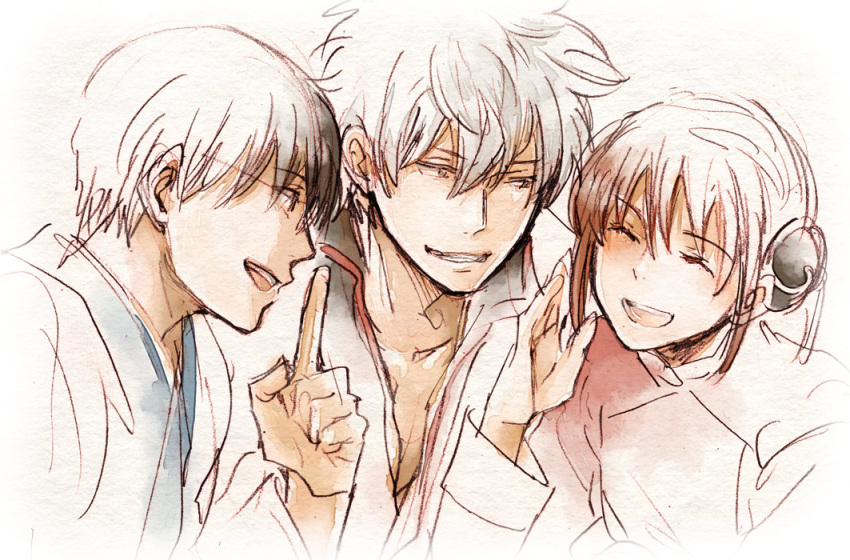 1girl 2boys ^_^ acaco closed_eyes closed_up commentary_request gintama glasses hair_between_eyes japanese_clothes kagura_(gintama) kimono multiple_boys profile sakata_gintoki shimura_shinpachi short_hair sidelocks simple_background