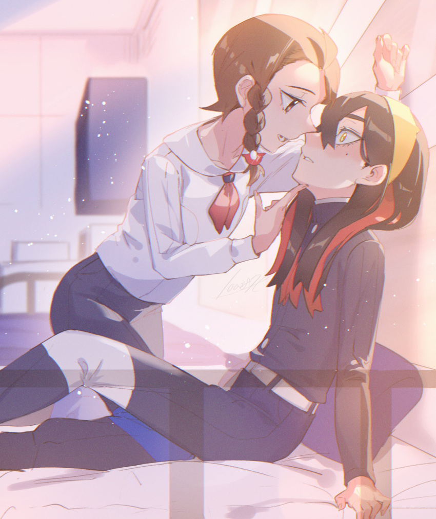 100387l 2girls bed black_hair blue_jacket blue_pants blueberry_academy_school_uniform blush braid brown_eyes brown_hair carmine_(pokemon) hair_between_eyes hairband hand_on_another's_chin highres jacket juliana_(pokemon) long_sleeves mole mole_under_eye multicolored_hair multiple_girls on_bed open_mouth pants pillow pokemon pokemon_sv red_hair school_uniform shirt two-tone_hair white_shirt yellow_eyes yellow_hairband yuri