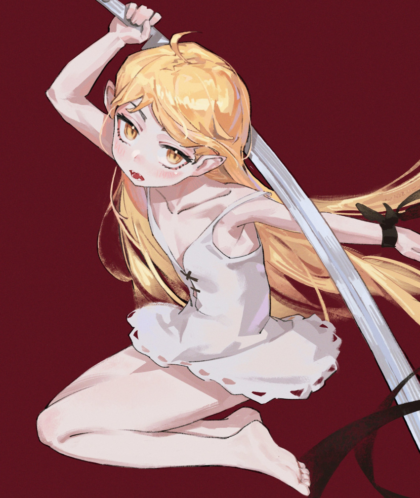 1girl absurdres ahoge arm_up bare_legs barefoot black_ribbon blonde_hair blush chunkyeggy collarbone dress eyelashes fangs feet flat_chest full_body hashtag_only_commentary highres holding holding_sword holding_weapon kiss-shot_acerola-orion_heart-under-blade kizumonogatari legs long_hair looking_at_viewer monogatari_(series) on_ground open_mouth oshino_shinobu pointy_ears red_background ribbon shadow short_dress simple_background sitting soles solo sword toes very_long_hair weapon white_dress wrist_ribbon