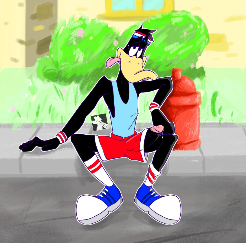 anatid anseriform anthro avian bird bottomwear clothing daffy_duck duck erection genitals hi_res humanoid_genitalia humanoid_penis looney_tunes male outside penis penis_through_leghole poking_out shorts sitting solo syforg tongue tongue_out warner_brothers
