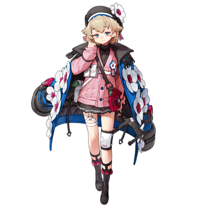 1girl asymmetrical_legwear bag beret black_footwear black_headwear black_skirt black_socks black_sweater blonde_hair blue_coat blue_eyes chest_strap closed_mouth coat coat_on_shoulders flower flower_ornament full_body girls'_frontline gun half-closed_eyes hat hat_flower highres holding holding_gun holding_weapon jatimatic jatimatic_(girls'_frontline) knee_pads light_smile loafers long_sleeves looking_at_viewer medium_hair official_art pink_bag pink_flower pink_sweater pleated_skirt pouch rinotuna shoes shoulder_bag simple_background single_knee_pad skirt snap-fit_buckle socks solo standing submachine_gun sweater thigh_strap third-party_source transparent_background turtleneck turtleneck_sweater weapon white_bag