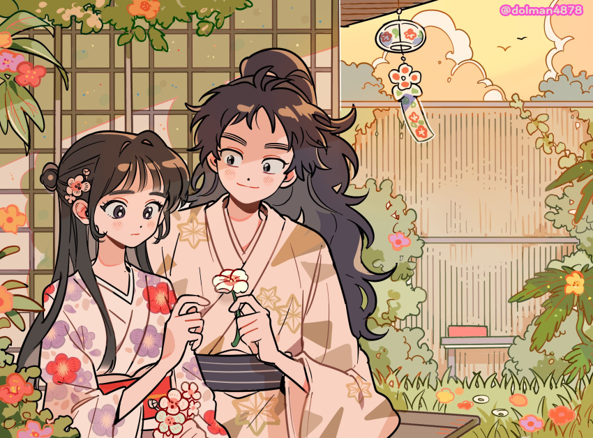 1boy 1girl blush closed_mouth couple dolman_(dm) flower garden highres japanese_clothes kimono long_hair original