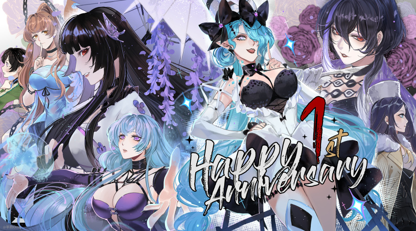 6+girls anniversary aqua_eyes aqua_hair ariel_(path_to_nowhere) artist_name bare_shoulders black_bow black_bowtie black_choker black_dress black_hair black_lips blue_dress blunt_bangs blunt_ends boots bow bowtie breasts brown_hair bug butterfly chain chest_harness chinese_commentary choker cleavage coat commentary crinoline cross-laced_clothes cross-laced_dress dangle_earrings detached_sleeves dress earrings emase_(foxmoon) falling_petals fangs finger_to_mouth flower frilled_kimono frills fur-trimmed_coat fur_hat fur_trim gekkabijin_(path_to_nowhere) gloves hair_bow hair_over_one_eye halterneck hamel_(path_to_nowhere) hand_on_own_hip happy_anniversary harness hat high_ponytail highres hime_cut holding holding_scalpel holding_umbrella index_finger_raised japanese_clothes jellyfish jewelry kimono large_breasts lips long_hair low-tied_long_hair multicolored_hair multiple_girls one_eye_covered orange_eyes outstretched_arms pacassi_(path_to_nowhere) papakha parted_lips path_to_nowhere petals pink_eyes pink_flower pink_rose pointy_ears purple_butterfly purple_dress purple_hair purple_petals purple_shawl purple_sleeves red_eyes rose serpent_(path_to_nowhere) shawl short_hair_with_long_locks shushing single_thigh_boot slit_pupils strapless strapless_dress streaked_hair sumire_(path_to_nowhere) thigh_boots thighs two-tone_dress umbrella underbust uni_(path_to_nowhere) very_long_hair white_dress white_footwear white_gloves white_headwear white_kimono white_sleeves white_umbrella wisteria yellow_coat yellow_eyes