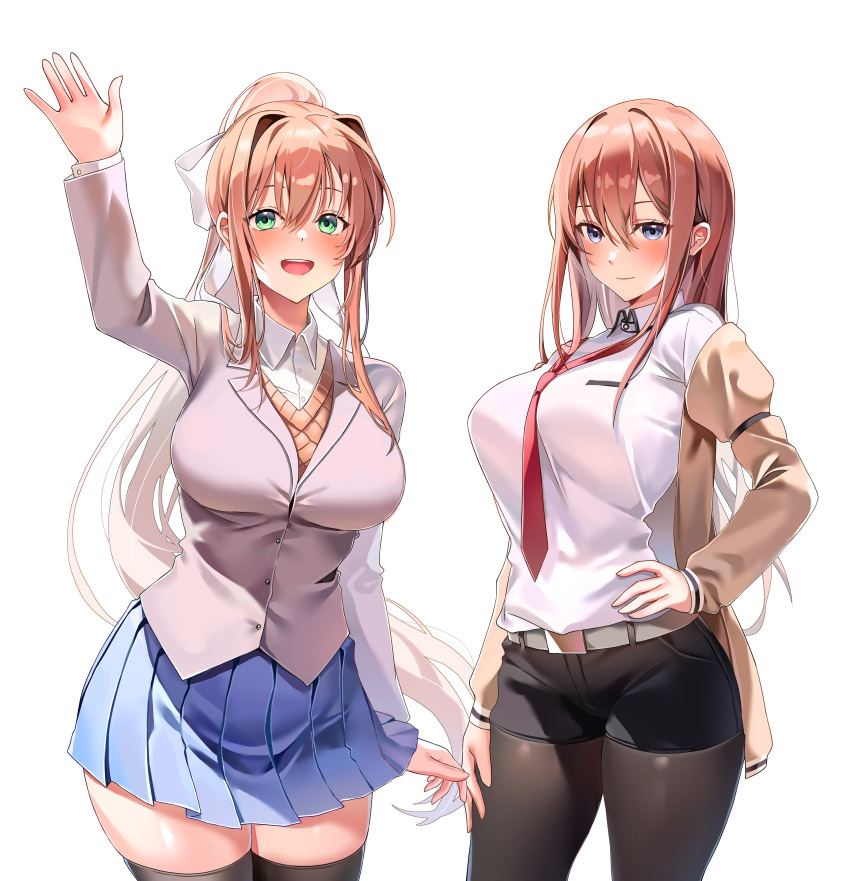 2girls absurdres arm_at_side arm_up belt belt_buckle black_pantyhose black_shorts blazer blue_eyes blue_skirt blush breasts brown_hair brown_jacket buckle closed_mouth collared_shirt commission curvy doki_doki_literature_club green_eyes hair_between_eyes hair_ornament hair_ribbon hand_on_own_hip high_ponytail highres jacket large_breasts long_hair long_sleeves machulanko makise_kurisu miniskirt monika_(doki_doki_literature_club) multiple_girls necktie open_mouth orange_sweater orange_vest over-kneehighs pantyhose pleated_skirt ponytail red_necktie ribbon school_uniform shirt shorts simple_background skin_tight skirt smile steins;gate straight_hair sweater teeth thick_thighs thighhighs thighs tongue upper_teeth_only very_long_hair vest waving white_background white_ribbon white_shirt wing_collar