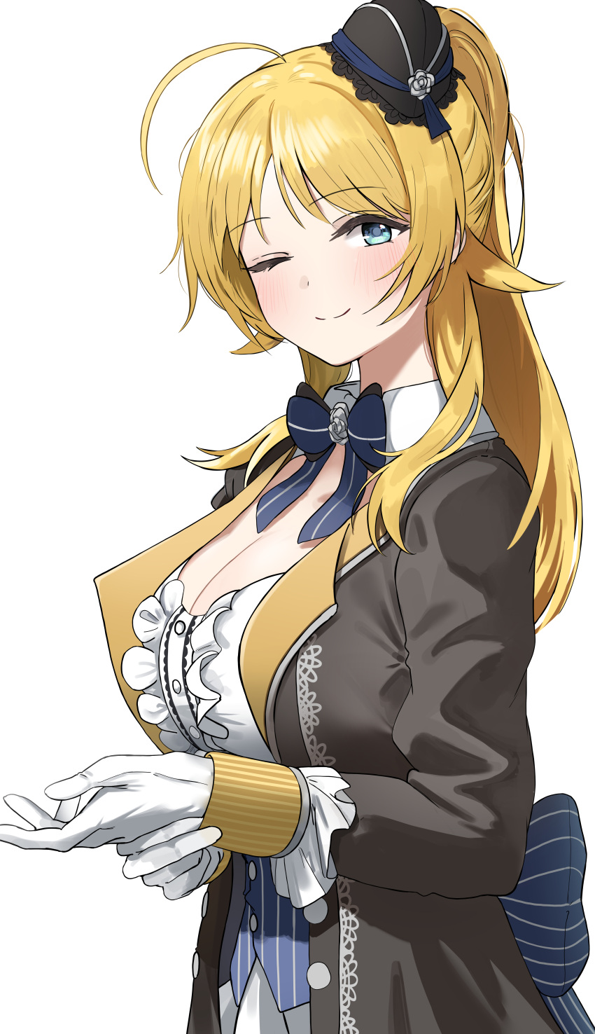 1girl absurdres ahoge black_headwear blonde_hair blue_bow blue_eyes bow breasts cleavage coat collared_coat gloves hachimiya_meguru hat highres idolmaster idolmaster_shiny_colors large_breasts light_blush long_hair long_sleeves looking_at_viewer one_eye_closed pdal_(pdalhhh) simple_background smile solo standing upper_body white_background white_gloves