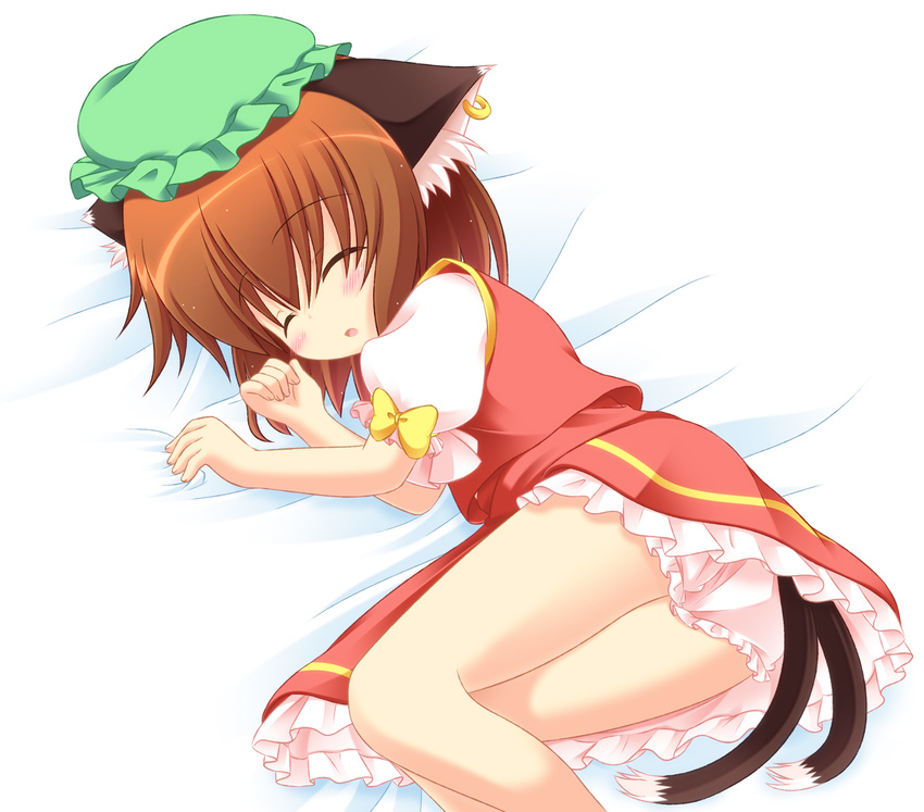 animal_ears bare_legs bloomers blush brown_hair cat_ears cat_tail chen closed_eyes hat highres jewelry lying multiple_tails on_side pila-pela short_hair single_earring sleeping solo tail touhou underwear upskirt