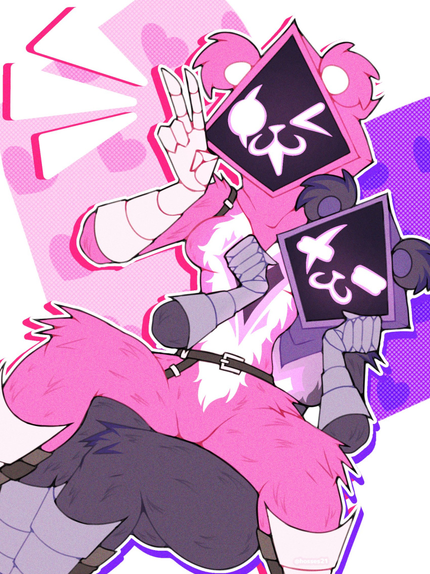 2024 abstract_background anthro armor arms_around_waist artist_name bear belt boots breasts chest_tattoo clothing cuddly_(fortnite) dark_body dark_fur dotted_background duo epic_games eye_scar eyebrows facial_scar featureless_breasts featureless_crotch female flat_colors footwear fortnite fur furgonomic_headwear gauntlets gesture gloves glowing glowing_eyes glowing_mouth grainy handwear harness heart_background heart_pattern heart_tattoo hi_res hood hosses21 legs_together mammal medium_breasts multicolored_body multicolored_fur on_lap one_eye_closed open_:3 open_mouth open_smile outline pattern_background pink_body pink_clothing pink_eyebrows pink_eyes pink_fur pink_mouth pink_nose portrait purple_body purple_clothing purple_fur raven_team_leader scar schynbalds simple_background sitting_on_another sitting_on_lap sitting_on_partner smile spread_legs spreading square_crossover tattoo three-quarter_portrait two_tone_body two_tone_fur v_sign vambrace white_background white_body white_fur white_outline wink