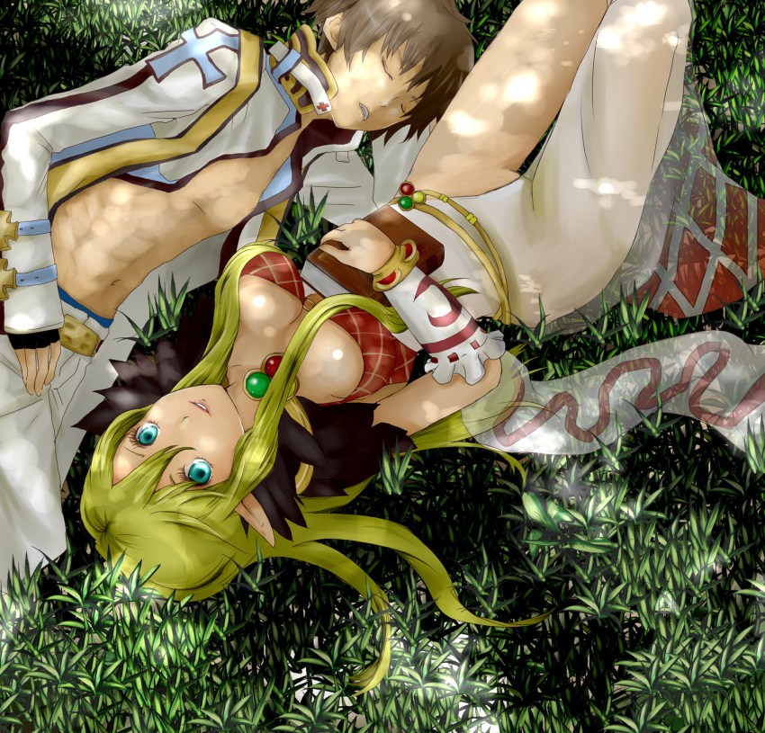 1boy 1girl arch_bishop_(ragnarok_online) argyle argyle_dress belt blonde_hair blue_eyes book brown_hair dress highres jewelry legs necklace no_panties on_grass open_clothes see-through see-through_dress sleeping smile sorcerer_(ragnarok_online) thighs