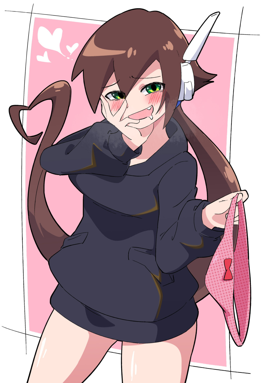 1girl absurdres aile_(mega_man_zx) black_hoodie blush brown_hair buzzlyears drooling fang green_eyes heart heart_hair highres holding holding_clothes holding_panties holding_underwear hood hoodie long_hair mega_man_(series) mega_man_zx mega_man_zx_advent panties pink_background pink_panties polka_dot polka_dot_panties ponytail robot_ears simple_background smile solo underwear unworn_panties