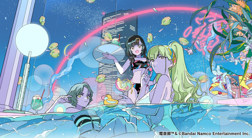 3girls bikini black_bikini black_hair blonde_hair blue_sky breasts building cat_hair_ornament closed_mouth cocktail_glass commentary_request copyright_name copyright_notice cream_soda cup denjinq denonbu drinking_glass fish green_eyes grey_hair haijima_ginka hair_ornament hairband hand_up high_ponytail highres holding holding_cup holding_tray kurogane_tama long_hair looking_at_viewer multiple_girls navel neon_lights night night_sky official_alternate_costume official_art open_mouth outdoors partially_submerged pool second-party_source shirokane_aki short_hair sitting sky skyscraper small_breasts smile sparkle standing striped_bikini striped_clothes swimsuit tray white_lily yellow_eyes