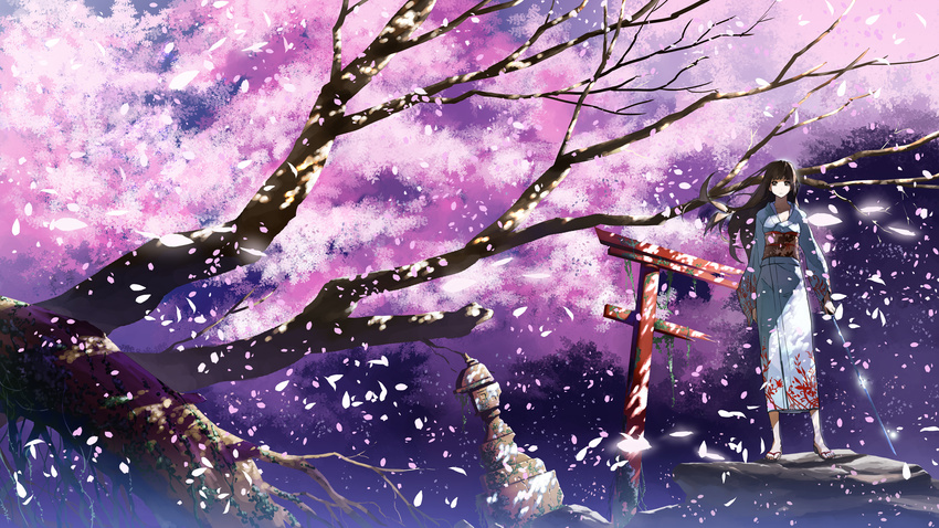 brown_eyes brown_hair cherry_blossoms feet highres japanese_clothes justminor katana kimono left-handed long_hair obi open_clothes original overgrown petals ruins sandals sash solo standing stone_lantern sword torii tree weapon